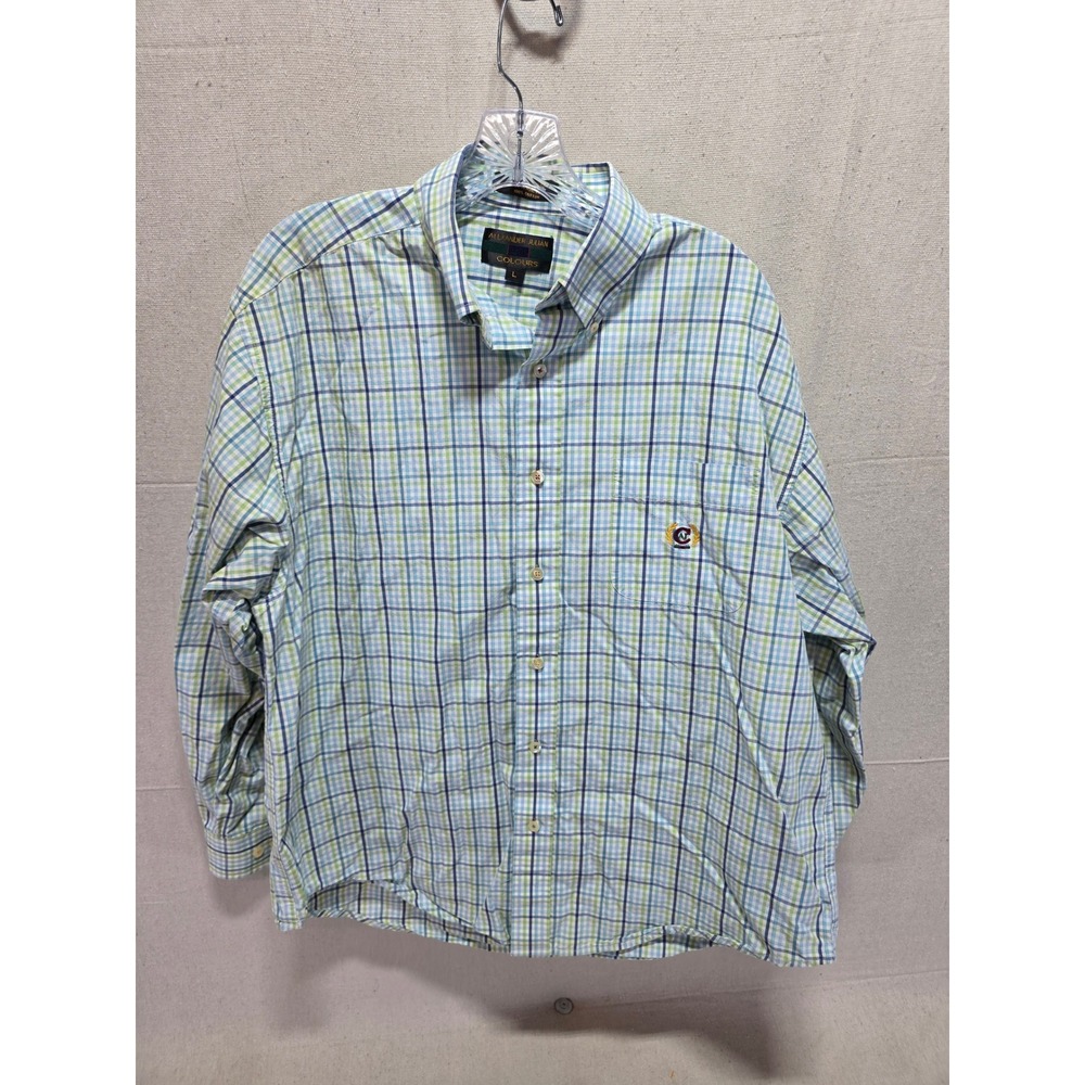 Alexander Julian Colours Men Plaid Button Down Shirt Blue Green Large 100 Cotton